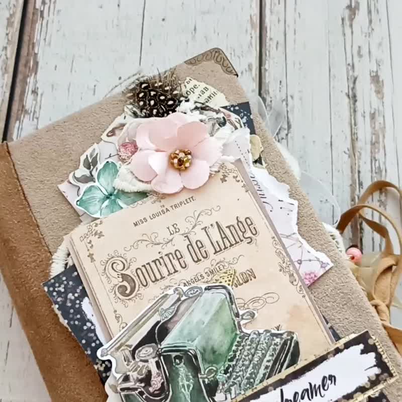 Vintage roses journal handmade Boho wild notebook Elegant dairy Typewriter - 筆記本/手帳 - 紙 粉紅色