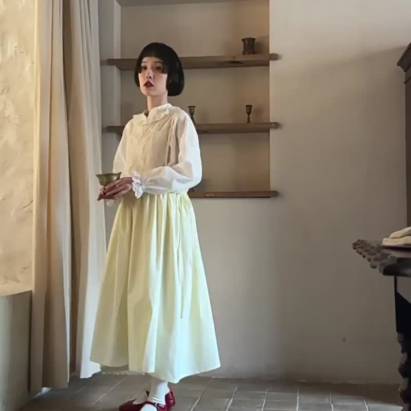 米白色 鏤空日系洋裝連身裙 無袖拼接森女系長裙 - 洋裝/連身裙 - 棉．麻 黃色