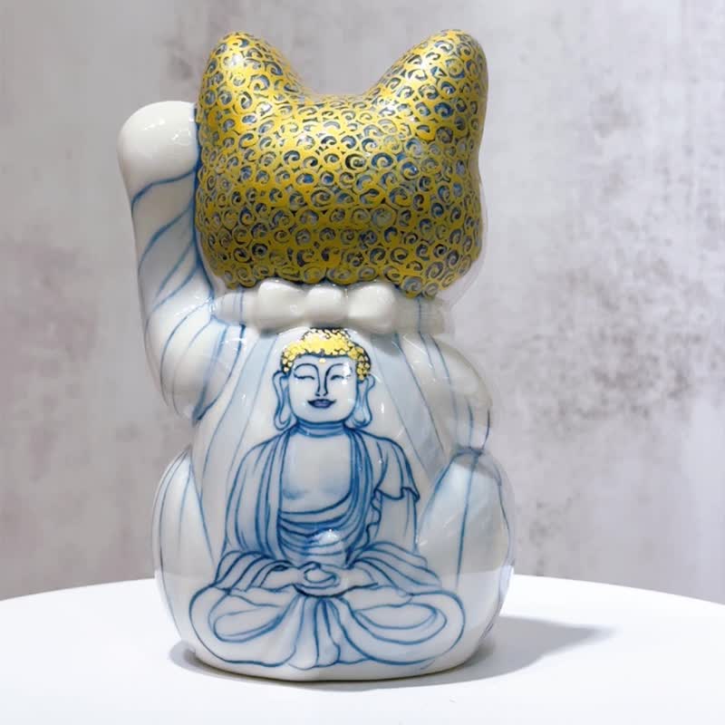 【佛光招福】日本清水燒招財貓 | 染付 佛陀 - 擺飾/家飾品 - 瓷 白色