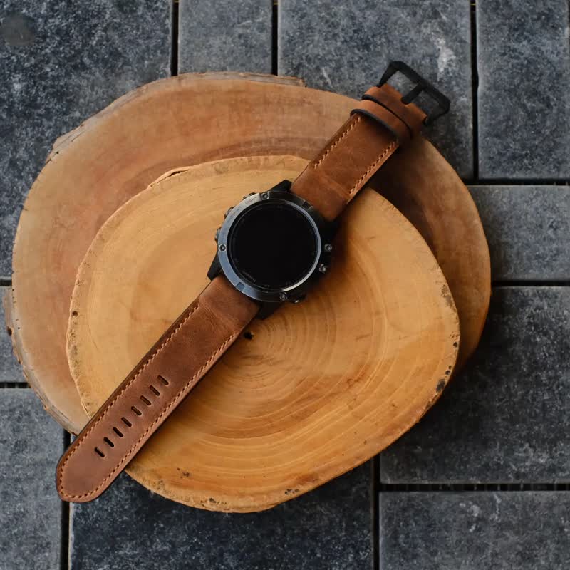 Crazy Horse Cowhide Chesnut Leather Garmin Watch Band with quick fit - สายนาฬิกา - หนังแท้ สีนำ้ตาล