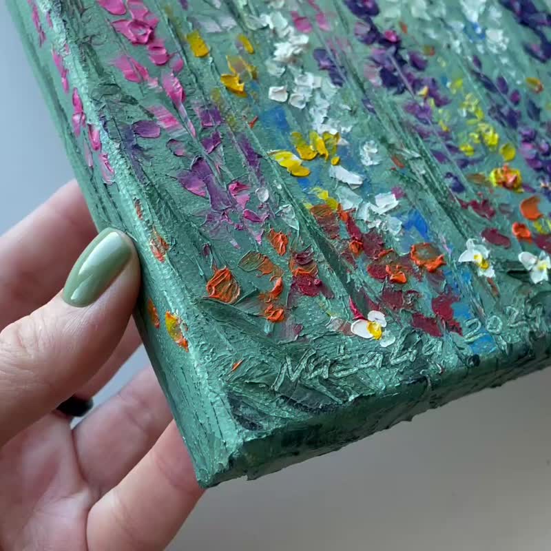 Wildflowers oil painting original floral art on canvas - 壁貼/牆壁裝飾 - 棉．麻 綠色