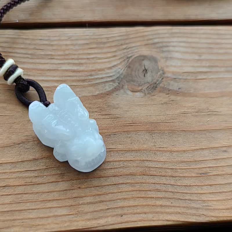 親翠 天然翡翠 白冰手雕龍頭調整式繩鏈 生肖 龍 - 項鍊 - 玉石 白色