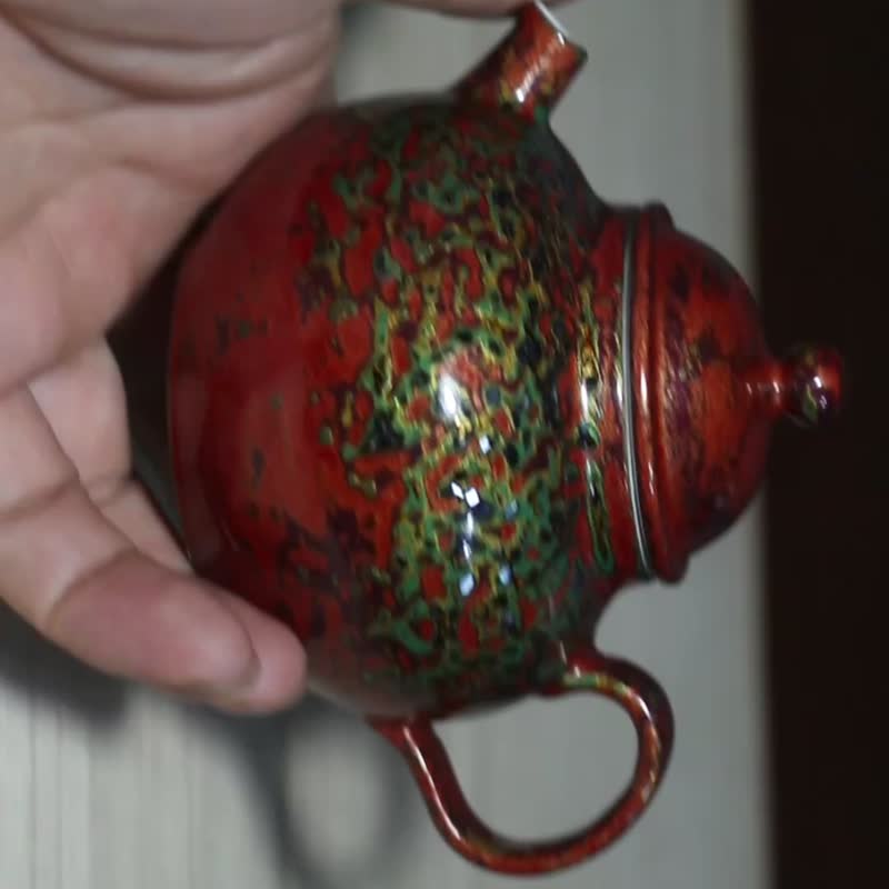 Fine intangible cultural heritage lacquer teapot Begonia rhinoceros skin lacquer mother-of-pearl eggshell inlaid lacquerware porcelain body front handle back hand pot - ถ้วย - ดินเผา สีส้ม