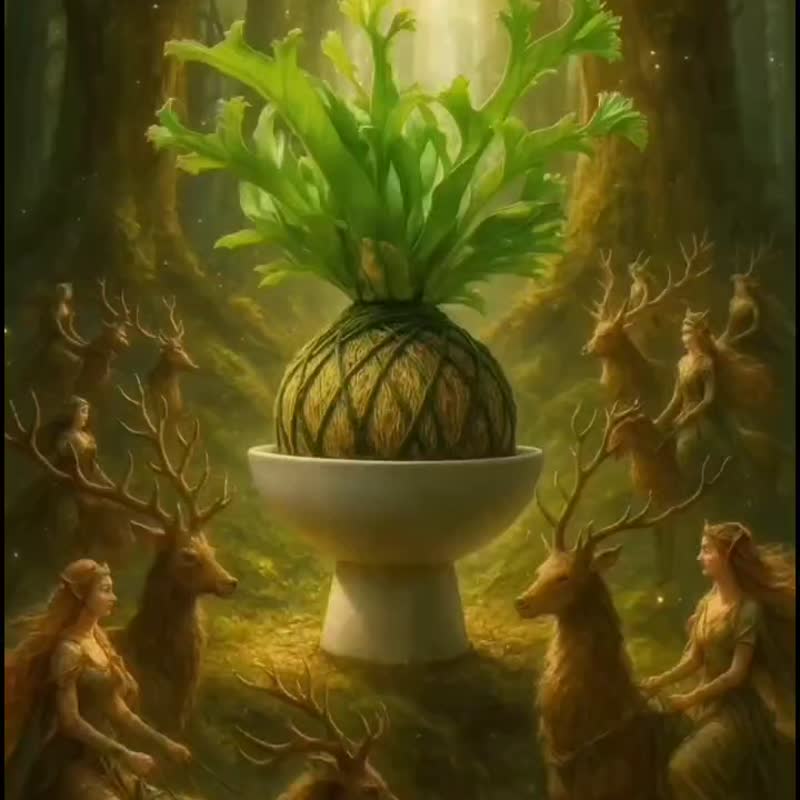 苔球植物 鹿角山蘇咖啡綠苔球加磨砂高腳缽 苔球 苔玉 禮物 送禮 - 盆栽/植栽 - 植物．花 綠色