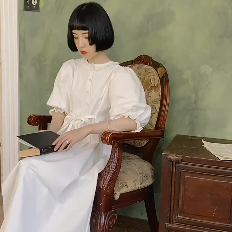 白色 溫柔赫本燈籠袖百褶裙 花邊領宮廷復古短袖洋裝仙女風連身裙 - 洋裝/連身裙 - 棉．麻 白色