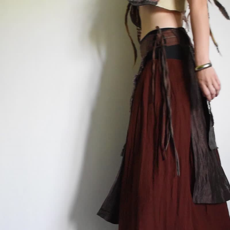 Brown tribal  split skirt, tie skirt, ren fair costume - กระโปรง - วัสดุอื่นๆ สีนำ้ตาล