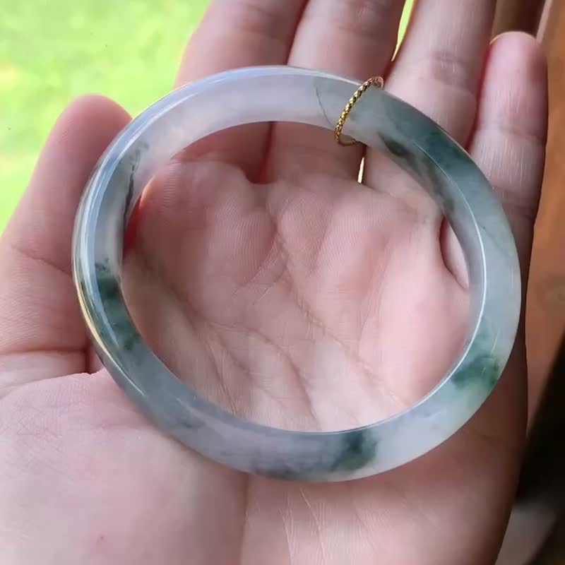 丨蒼翠丨冰糯種飄花翡翠手鐲 圈口55 緬甸玉A貨 - 手鍊/手環 - 玉石 綠色