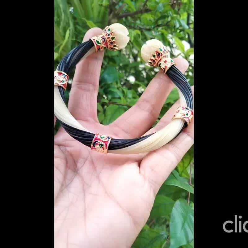 White&Black Body Elephant Tail Hair Bangle Silver Enamelled Sukhothai Free Size - 手鍊/手環 - 純銀 多色