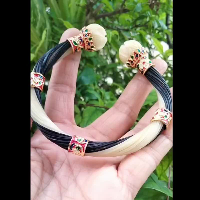 White&Black Body Elephant Tail Hair Bangle Silver Enamelled Sukhothai Free Size - 手鍊/手環 - 純銀 多色