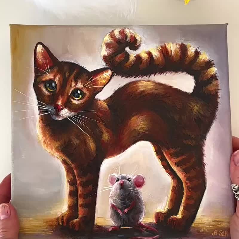 Cat and mouse canvas painting, Cat wall art, Animal painting, Kitten painting - 壁貼/牆壁裝飾 - 棉．麻 多色