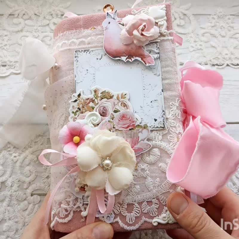Romantic Rose junk journal handmade Pink garden lace notebook French chic girl - 筆記本/手帳 - 紙 粉紅色