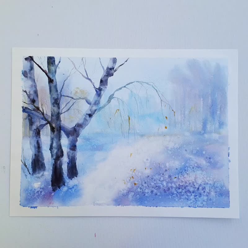 白樺の木の絵 雪の木 水彩 オリジナルアート ポプラ 風景 アート