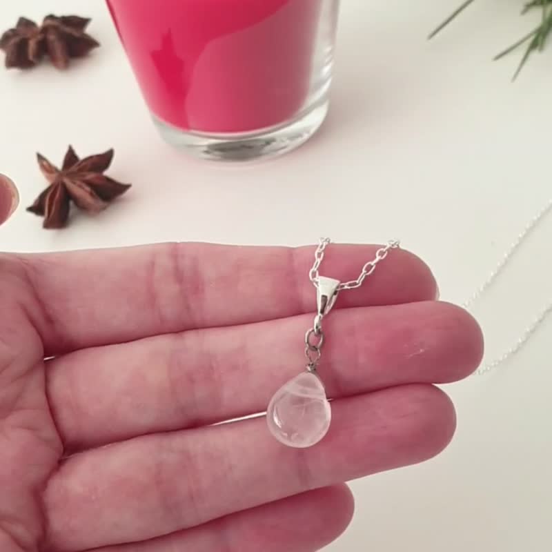 Rose Quartz teardrop necklace, 925 silver, Capricorn Gem, Christmas Gift - Necklaces - Gemstone Pink