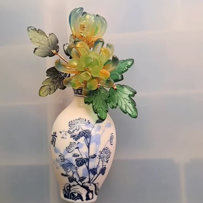 【中國風花瓶-琉璃綠菊】磁鐵 ∕ 冰箱貼 ∕ 擴香瓶 - 磁鐵 - 玻璃 綠色
