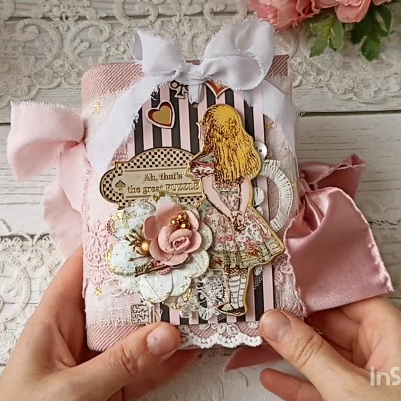 Fairy Alice in Wonderland notebook blank Cheshire cat junk journal handmade - 筆記本/手帳 - 紙 粉紅色