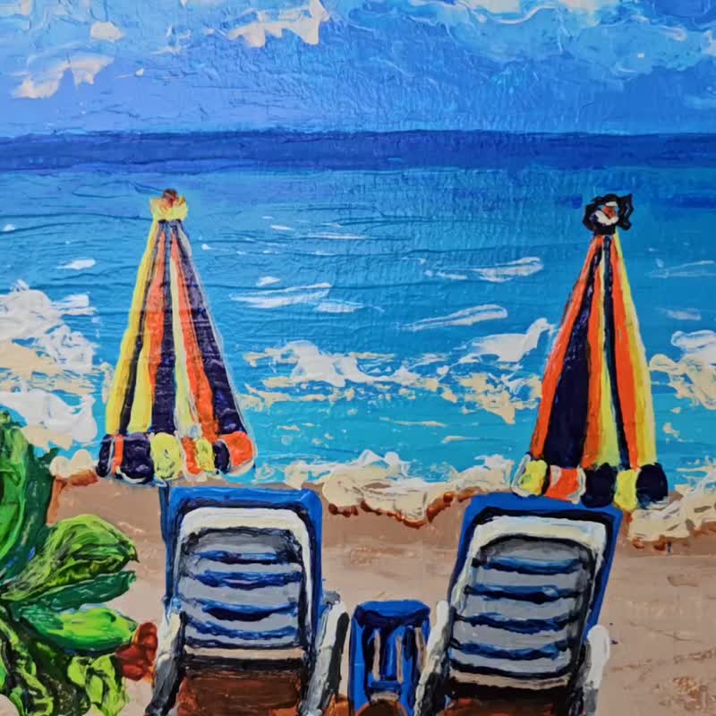 Honolulu Beach Painting Seascape Original Art Chairs Coastal Holidays Nautical - โปสเตอร์ - วัสดุอื่นๆ 