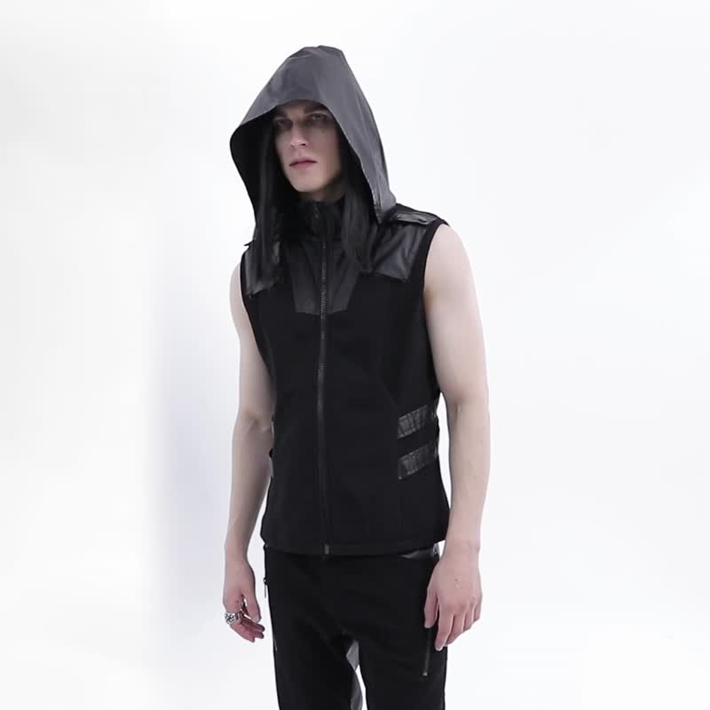 Punk Theosophy Wizard Hooded Functional Vest - เสื้อโค้ทผู้ชาย - วัสดุอื่นๆ สีดำ