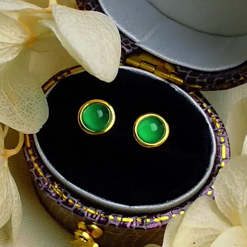 招財•健康•高貴|冰玻起光陽綠蛋|A貨翡翠純銀中性極簡款耳環 - 耳環/耳夾/耳骨夾 - 玉石 