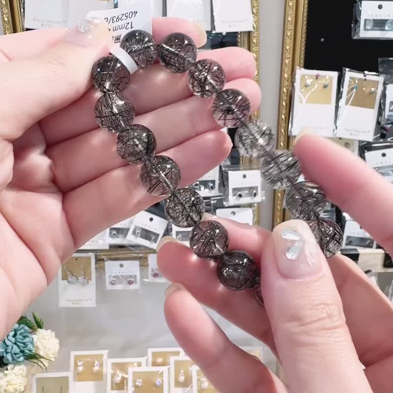 Natural lace black hair crystal 12mm43g large bead crystal to ward off evil spirits and villains to eliminate negative energy - สร้อยข้อมือ - คริสตัล สีดำ