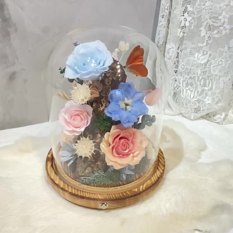 蝶語花境 蝴蝶標本 小夜燈 永生花 玻璃盅(中) - 乾燥花/永生花 - 植物．花 多色