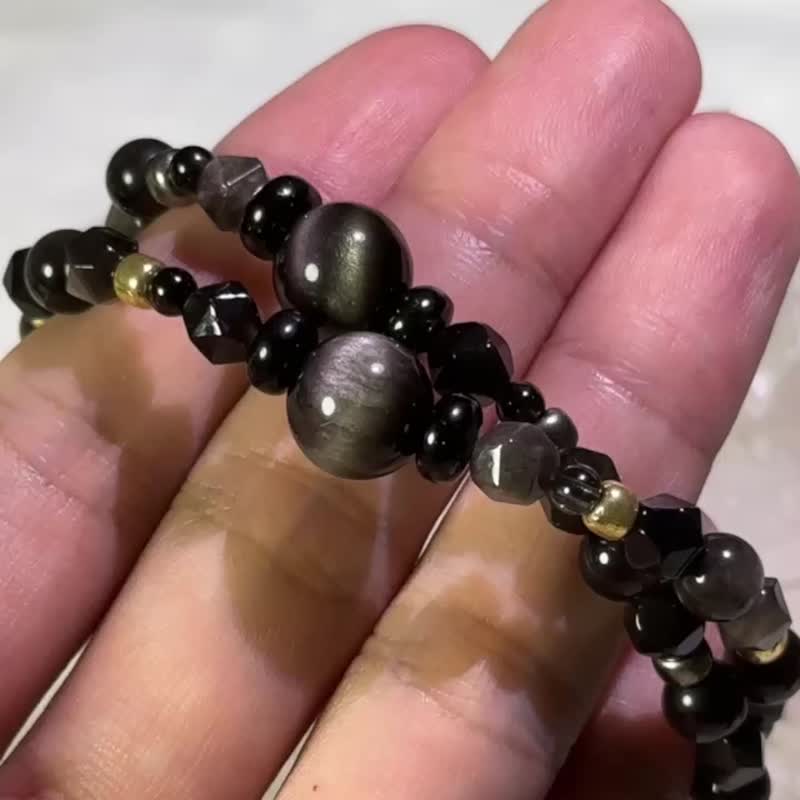 Hand-held obsidian Silver| High-grade silver Stone| Dark green tourmaline | Non-metallic anti-allergic Yuxing rice beads - สร้อยข้อมือ - เครื่องเพชรพลอย สีเงิน