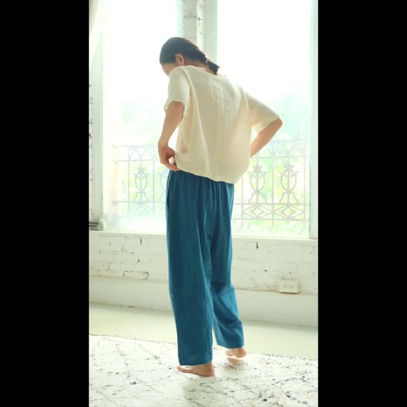 OMAKE strappy eight-quarter wide pants/gravel fabric dark blue - Unisex Pants - Cotton & Hemp Blue