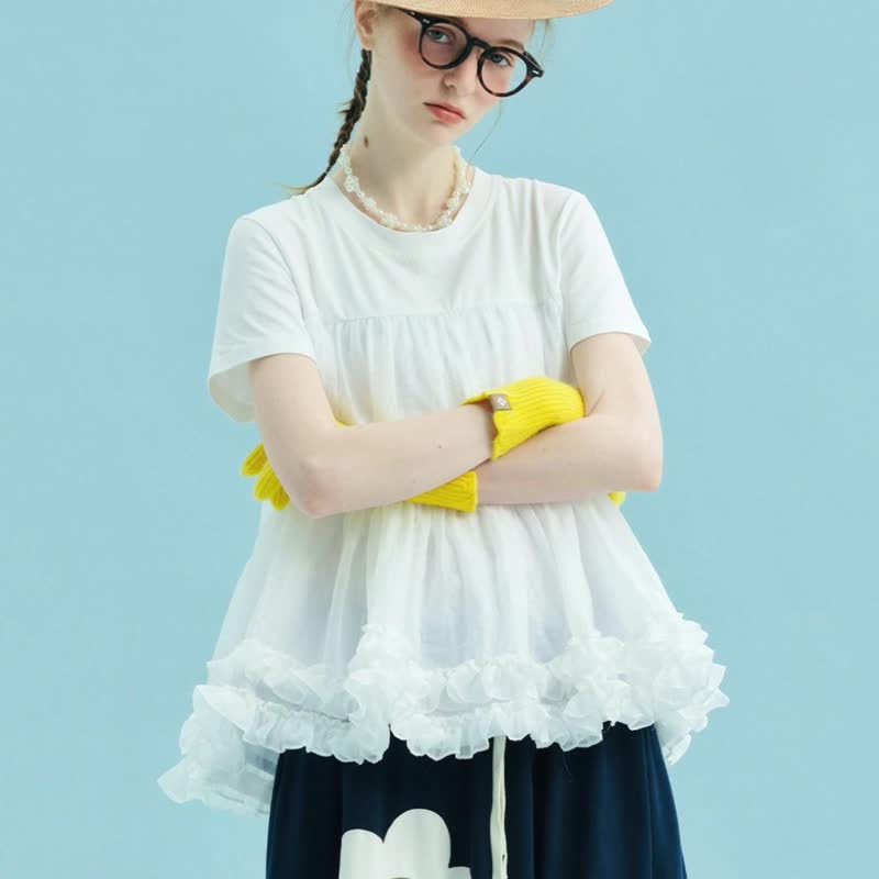 白色拼接紗短袖上衣 / T恤 T-shirt - 女 T 恤 - 棉．麻 白色