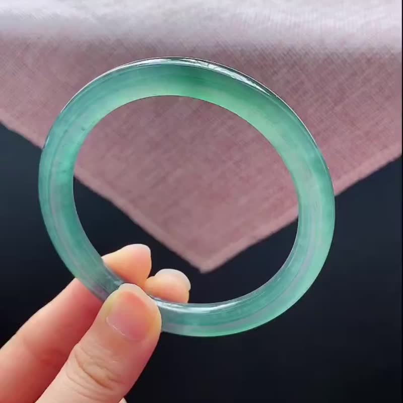 冰種翡翠天然翡翠玉鐲A玉手鐲 玉鈪 • 冰種湖藍綠翡翠圓鐲 - 手鍊/手環 - 玉石 綠色