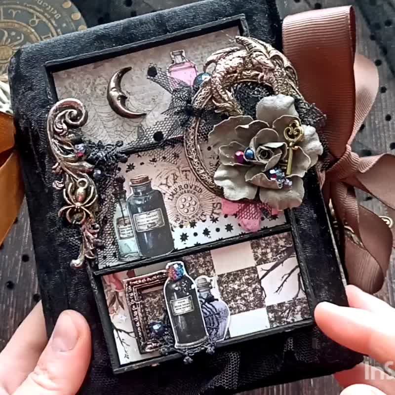 Gothic Dragon grimoire  junk journal handmade Black witch magical notebook - 筆記本/手帳 - 紙 黑色