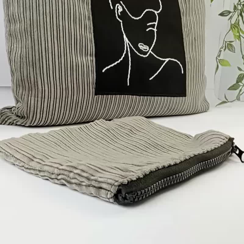 everyday exclusive velvet shoulder bag for shopping with handmade embroidery - Handbags & Totes - Cotton & Hemp Gray