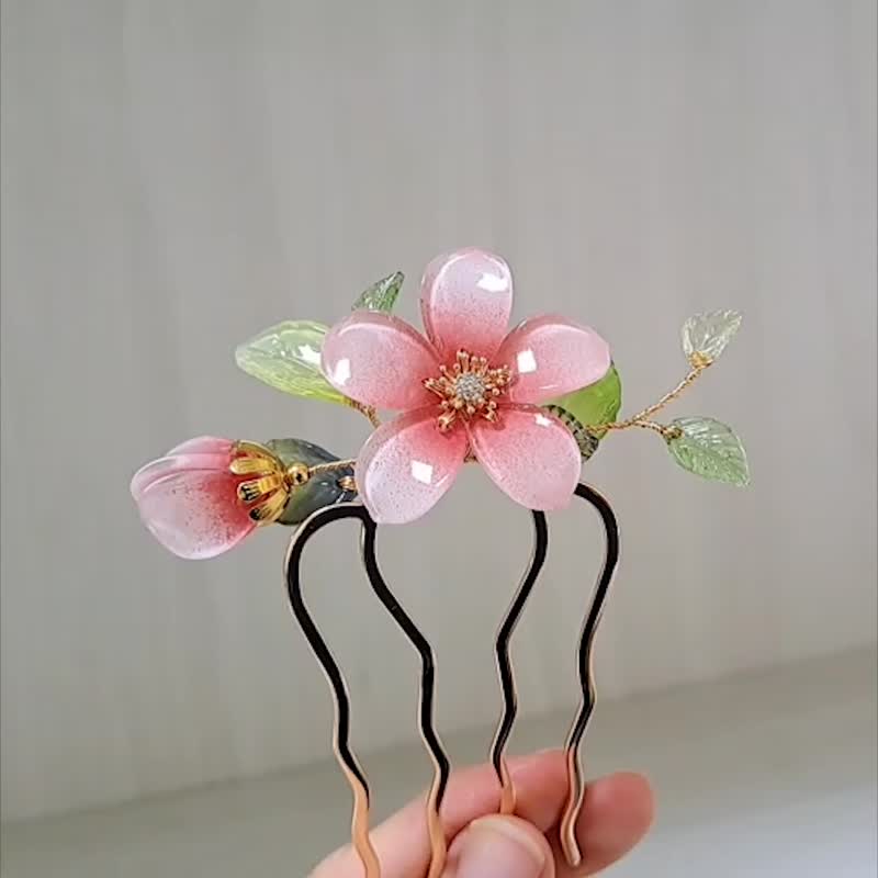 寶石琉璃花系列【桃花緋緋】~四股髮簪~ - 髮夾/髮圈 - 玻璃 