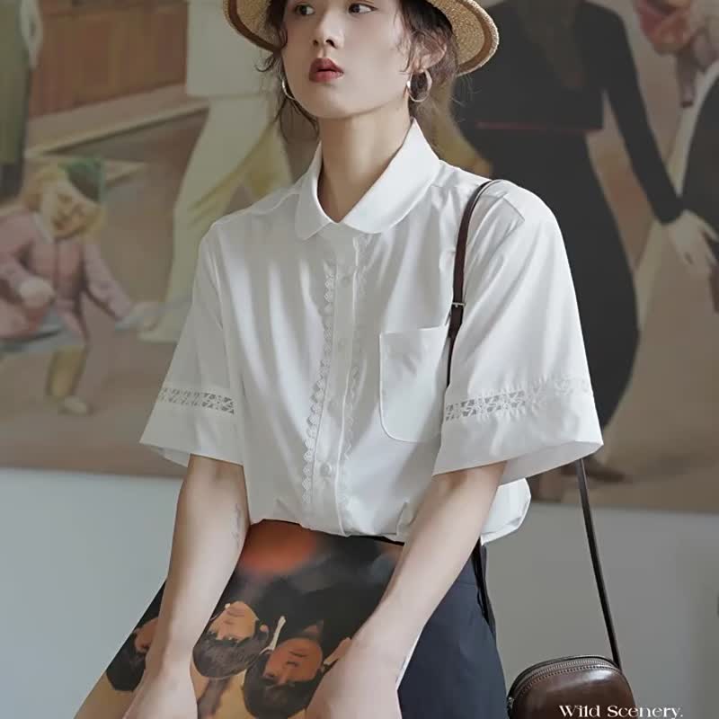 白色夏日 文藝親膚莫代爾抗皺短袖襯衫 元寶領鏤空花邊襯衣 - 女襯衫 - 其他人造纖維 白色