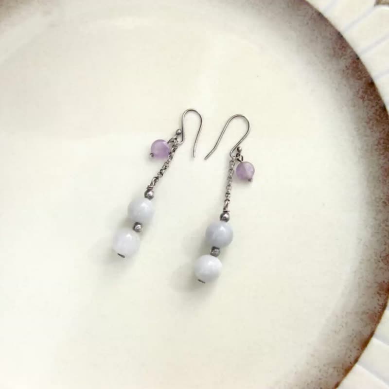 Sterling silver design earrings amethyst + Burmese jade + 925 Silver(ear hook) / elegant and soft / - Earrings & Clip-ons - Jade Purple