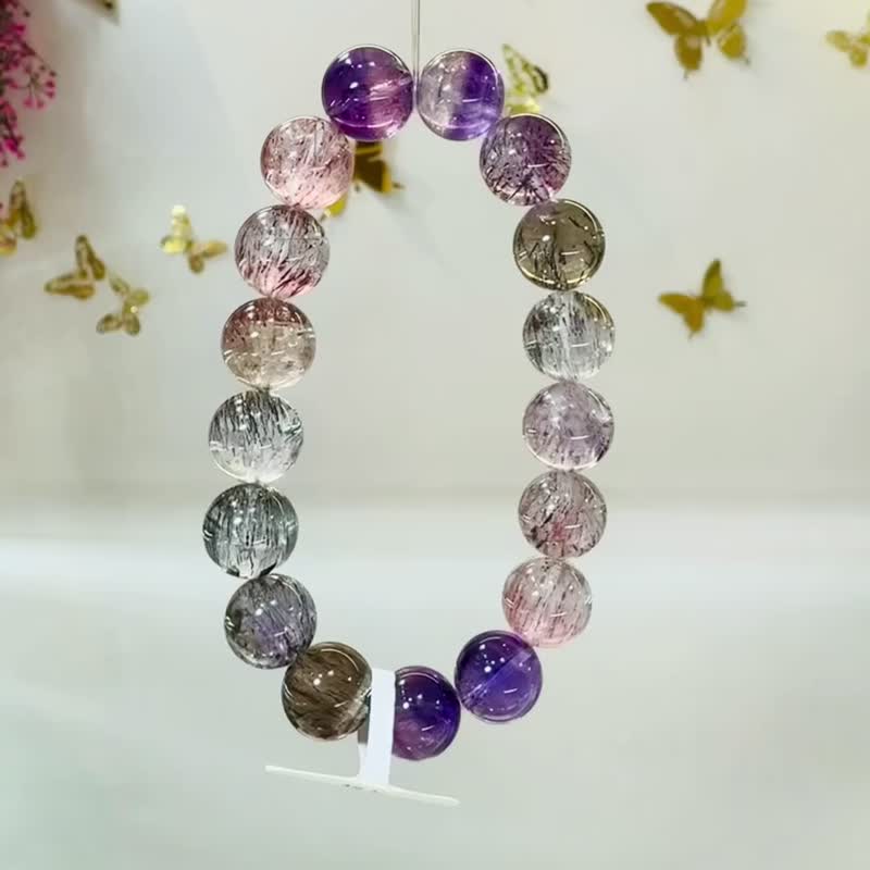 天然多礦彩超七水晶12mm43.21g稀有帶彼岸花三輪骨幹高頻水晶 - 手鍊/手環 - 水晶 多色