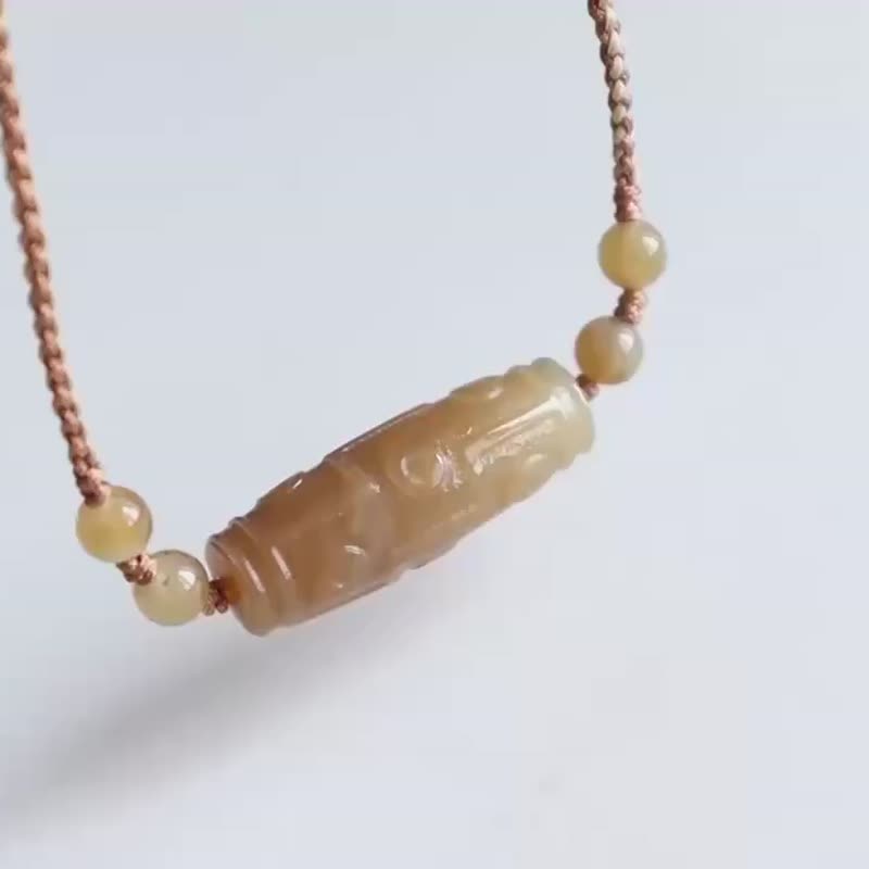 Natural Hetian jade dzi clavicle necklace Xinjiang sugar material nine-eye dzi clavicle necklace fortune amulet - สร้อยข้อมือ - หยก 