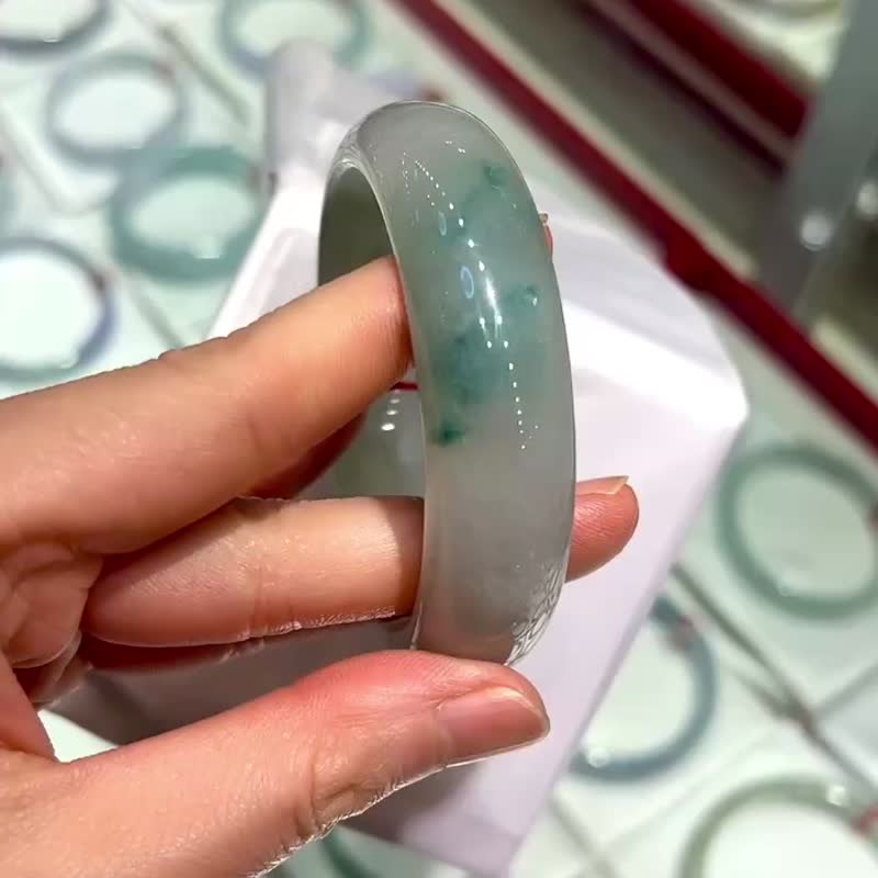 冰種 緬甸翡翠 A玉 玉鐲 • 冰種厚庄飄藍翡翠福鐲 - 手鍊/手環 - 玉石 藍色