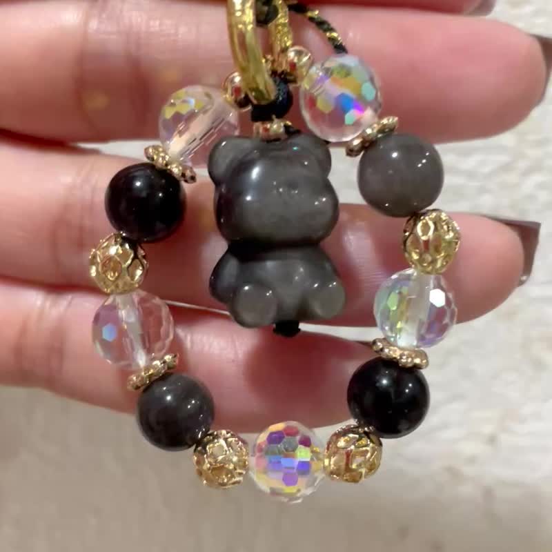 銀霧之熊 玄黑靜心【銀曜石小熊吊飾】柔光心熊/一物一拍 - 鑰匙圈/鑰匙包 - 水晶 黑色