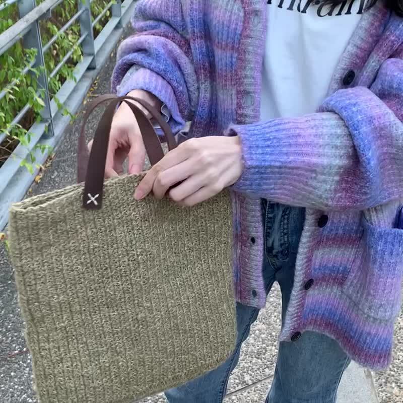 草餅 皮革提把手提包 / 麻繩編織 / - 手提包/手提袋 - 棉．麻 綠色