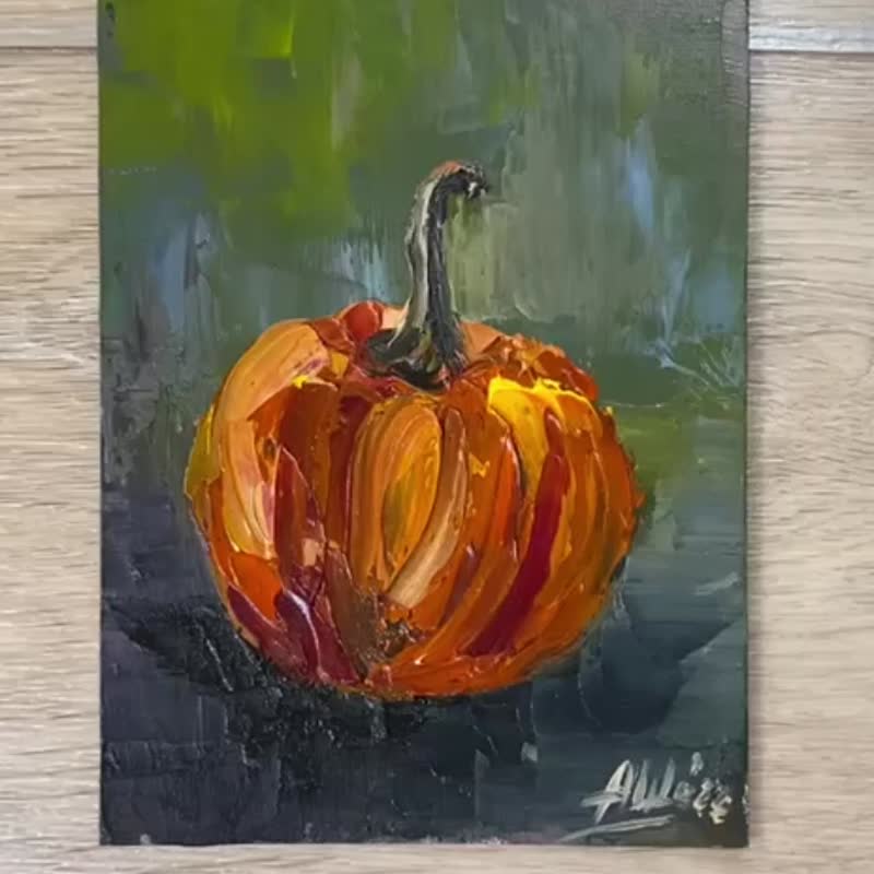 カボチャの絵 オリジナル油絵 抽象的な食べ物の絵 ミニ静物画