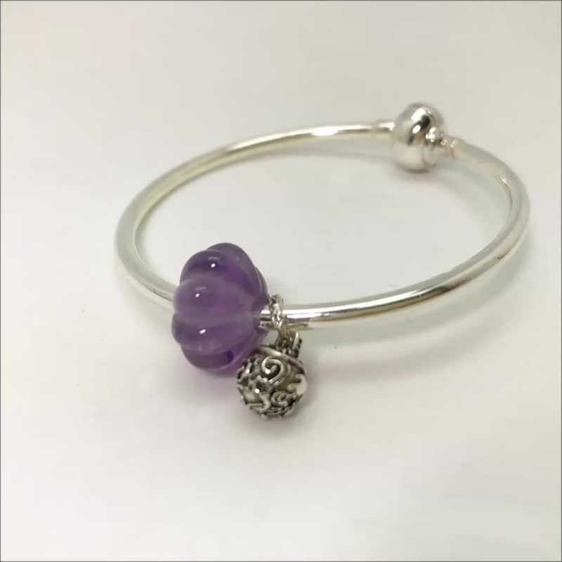 Silver Bracelet Amethyst Precious Stones Bangle Squash Bead Silver Charm - Bracelets - Sterling Silver Purple