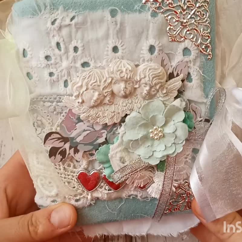 Floral angel junk journal handmade Lace mint diary for sale homemade blank - 筆記本/手帳 - 紙 綠色