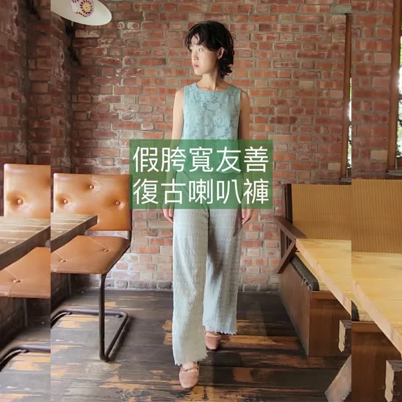 Vintage Green Lace Wide Pants [Japanese Antique Clothing] Sustainability is the most luxurious boutique - กางเกงขายาว - เส้นใยสังเคราะห์ สีเขียว