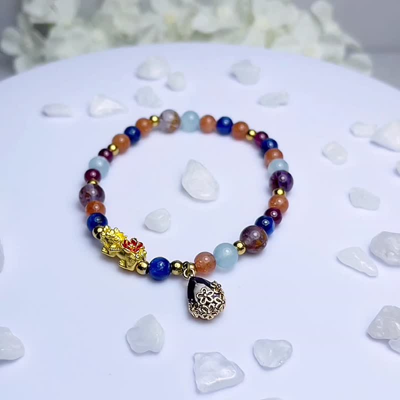 G08 pure gold 9999 enamel gold rich flower Pixiu exclusive design bracelet with beads - Bracelets - Precious Metals Multicolor