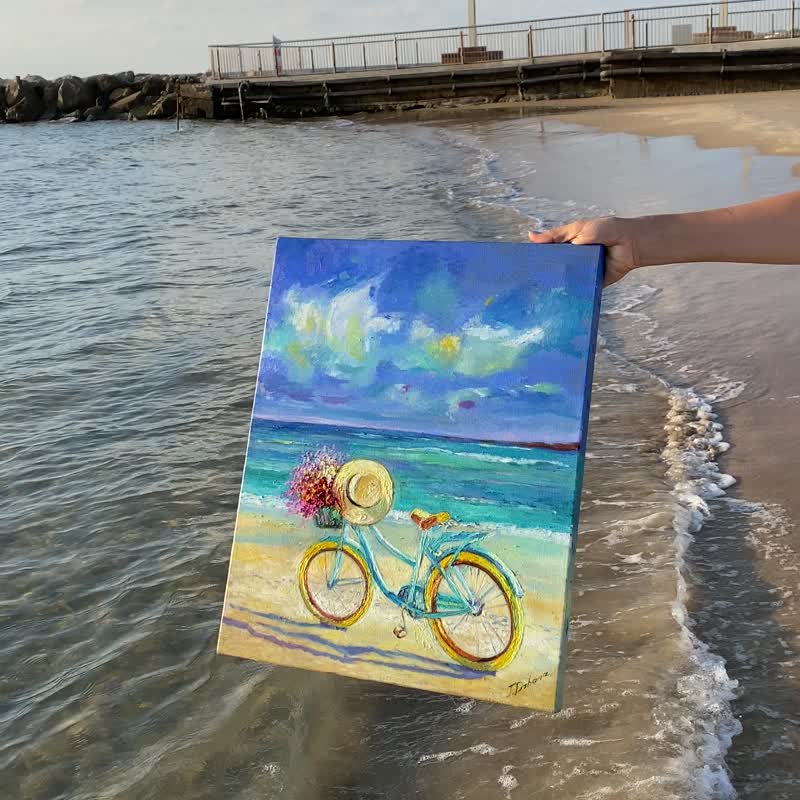 Bicycle, flowers and the sea.Original Art. Impasto oil painting. - โปสเตอร์ - วัสดุอื่นๆ หลากหลายสี