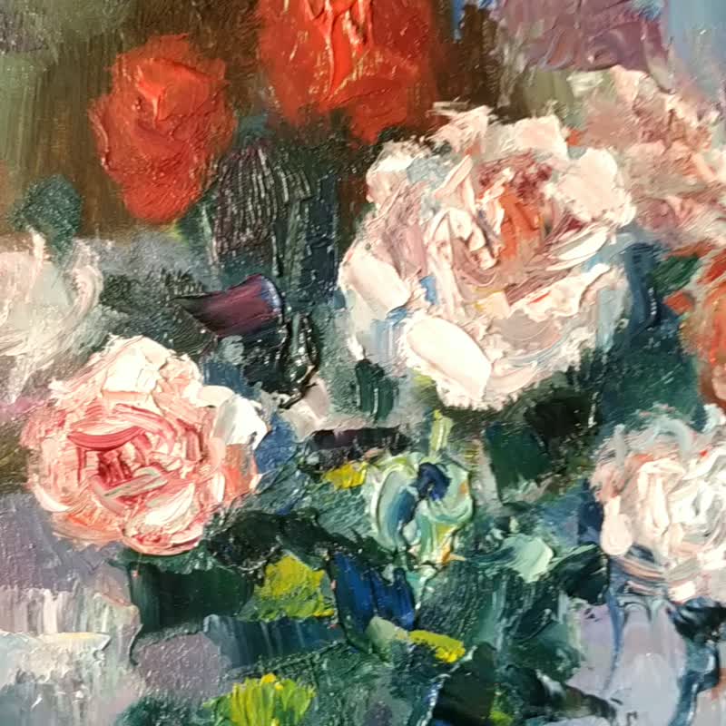 木頭 海報/掛畫/掛布 多色 - Roses Painting Flower Original Art Bouquet Artwork Impasto Floral Impressionism