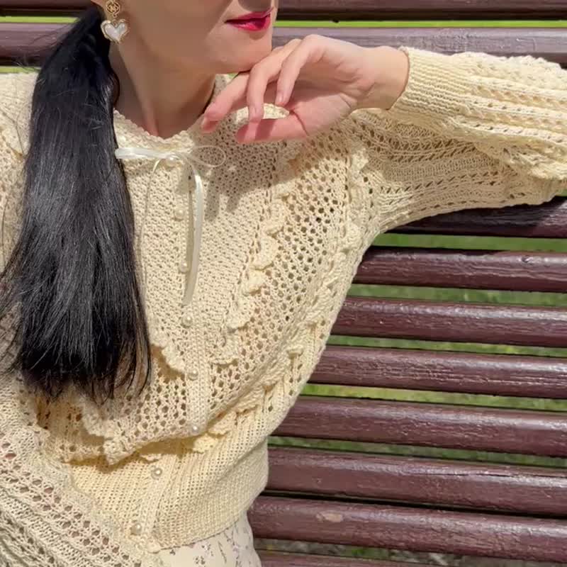 Ruffle hand knit cardigan Cotton lace knit blouse Handmade sweater jacket women - 女毛衣/針織衫 - 棉．麻 