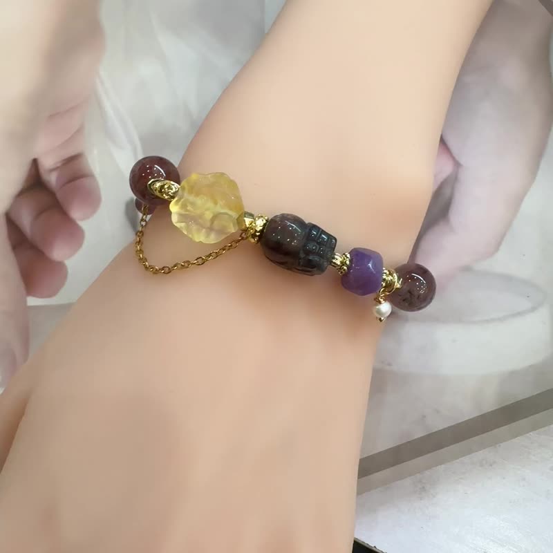 血滴堇青貔貅 螢石牡丹 紫鈦晶 紫龍晶 金髮晶 招財好運能量 - 手鍊/手環 - 半寶石 