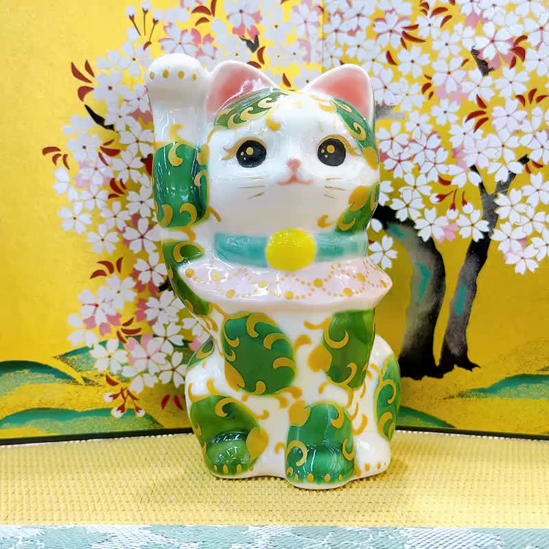【唐草聚福】日本清水燒招財貓 | 色繪 - 白地 唐草 - 擺飾/家飾品 - 瓷 白色