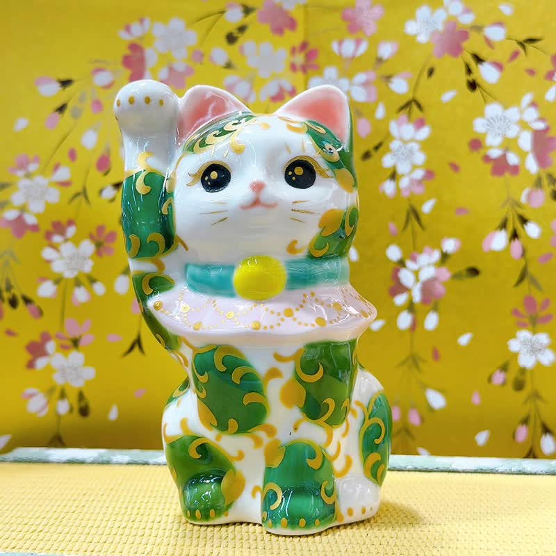 【唐草聚福】日本清水燒招財貓 | 色繪 白地 唐草 - 擺飾/家飾品 - 瓷 白色
