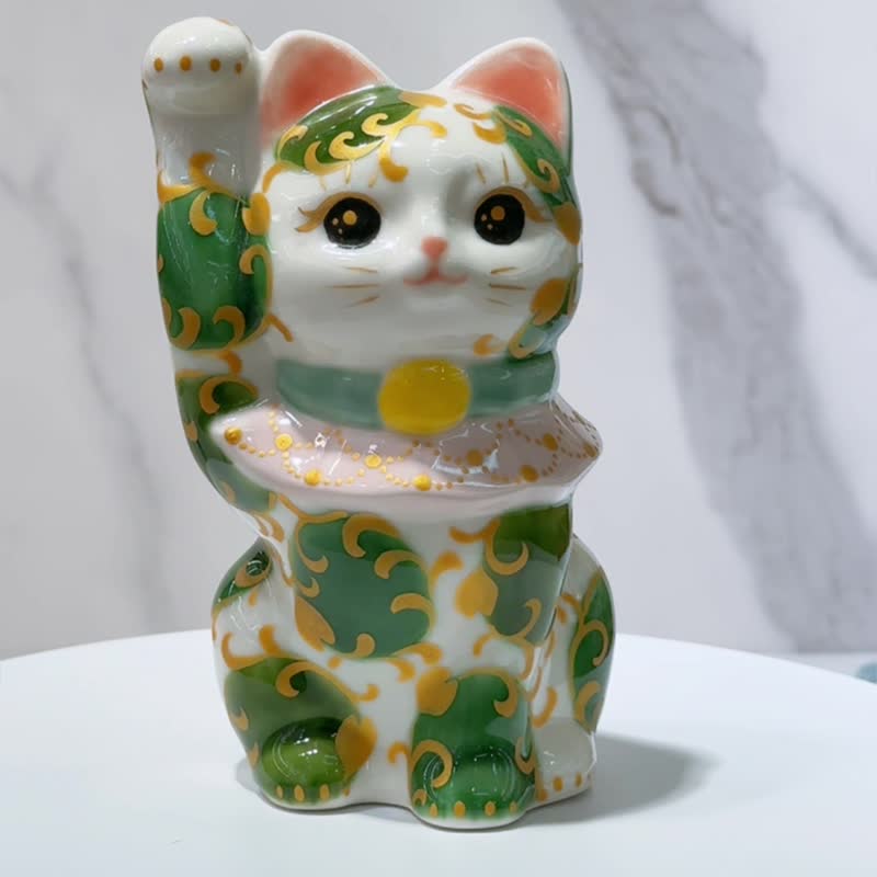 【唐草聚福】日本清水燒招財貓 | 色繪 白地 唐草 - 擺飾/家飾品 - 瓷 白色